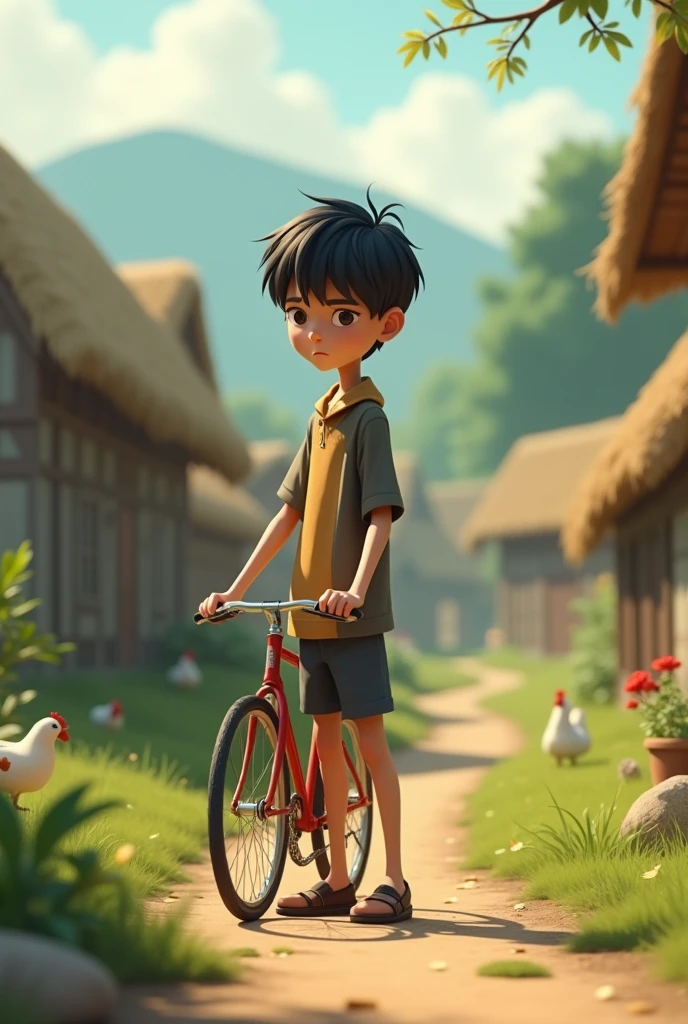 18+Young tall boy sad in village ai 3d image cartoon type with bike