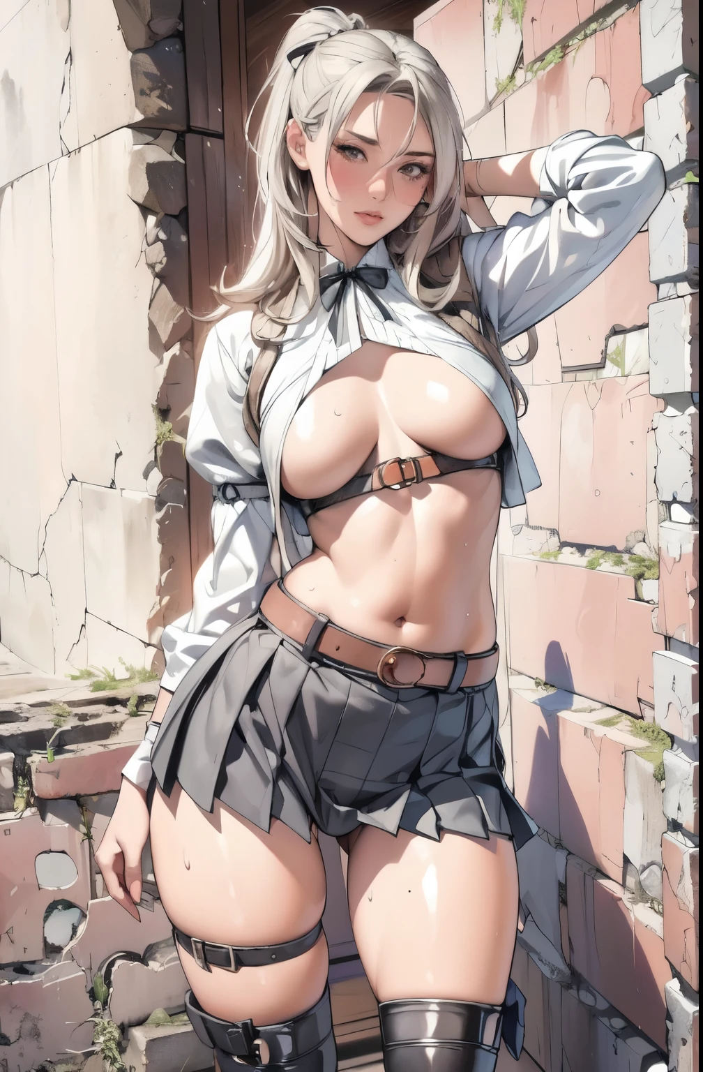 ((masterpiece, best_quality)), (photorealistic:1.4), solo, 1 girl, ancient ruin background, humid, white_hair, long_hair, zettai_ryouiki,(black big ribbon accessories at the back of head), (sleeves rolled), toggle button pin buckle, mini pleated skirt with a slit in the front), outline nipple can be seen through the clothes, areola bulge, heels boots, belly, crotch gap, cameltoe ,shiny skin, sweaty skin, nose blush, belt underboob, under boobs, long legs, small thigh, plump , peach 🍑