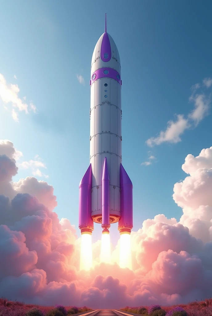 modern rocket with purple details taking off 