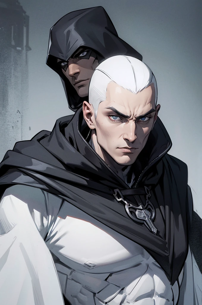 Nameless Assassin stands 6'0" with a lean, athletic build. He has pale, ghostly skin and long, jet-black hair often tied back. His piercing grey eyes are sharp and observant. Typically clad in dark, flexible leather armor and a hooded cloak that aids in stealth, his attire is practical and streamlined. His overall look is one of dark elegance, combining stealth and sophistication.