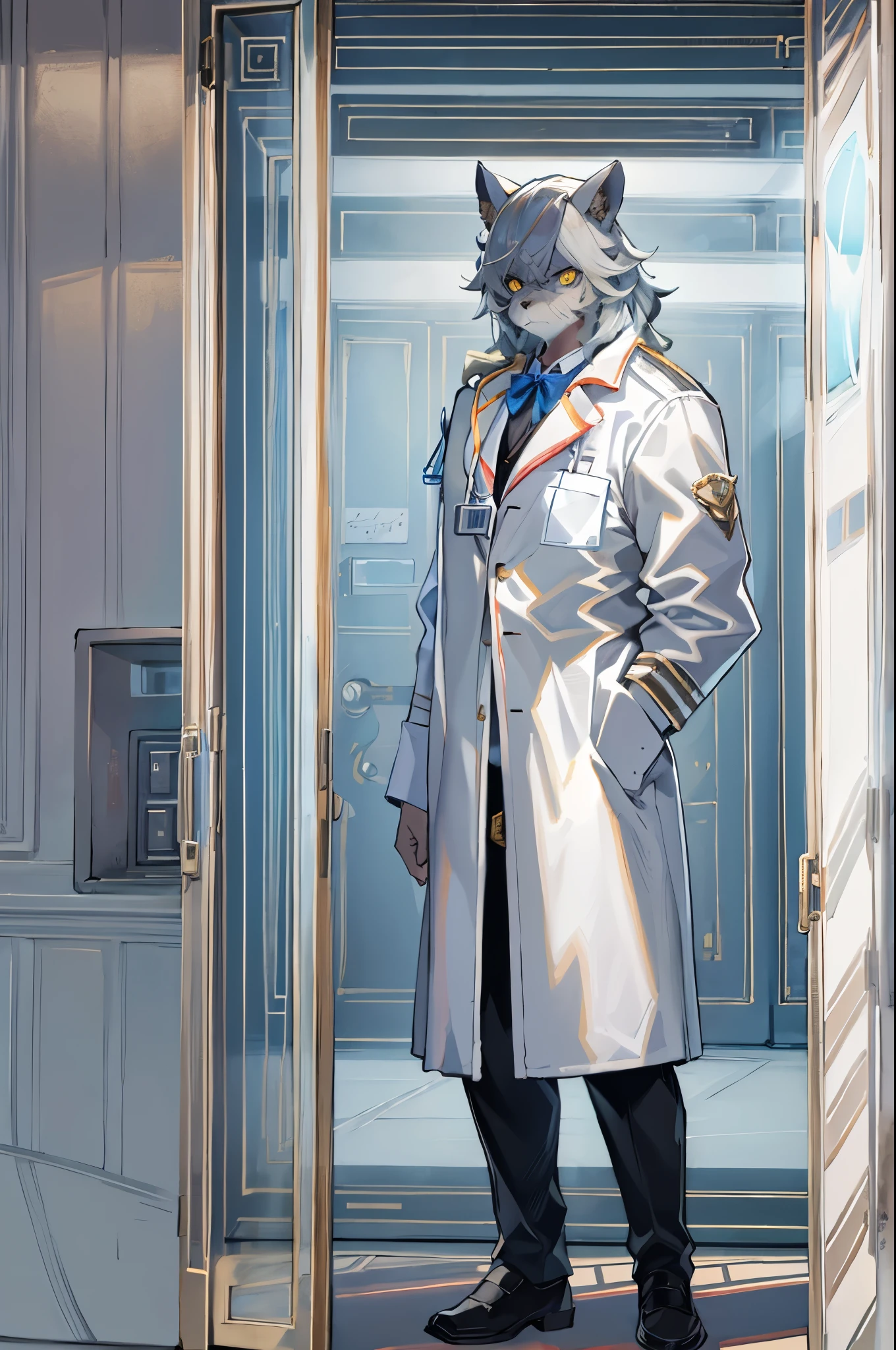 Single, White, muscle, Standing in front of a glass door, Bow your head, take notes, Serious expression, Frowning (Doctor's attire,, White Mask, Note, Blue pen, White boots, Black pattern: 1.2), Wolf's tail, Wolf Ears, ((Bust)), (indoor: 1.35), incandescent indoor lighting, Hospital corridor, Shadow (particle, Soft lighting, White glow): 1.3, White coat, Anatomically correct, Minimalist Background, comics, Warm colors, Soft lines