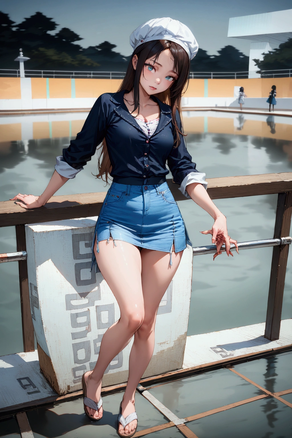 realistic anime illustration of young woman is posing against fench rail at lake pool, she is long hair (+forehead) with white cap, wearing light-blue denim pencil mini skirt, (1girl, solo, full body), (masterpiece, best quality, japanese anime style), (expressive eyes, perfect face, perfect anatomy)