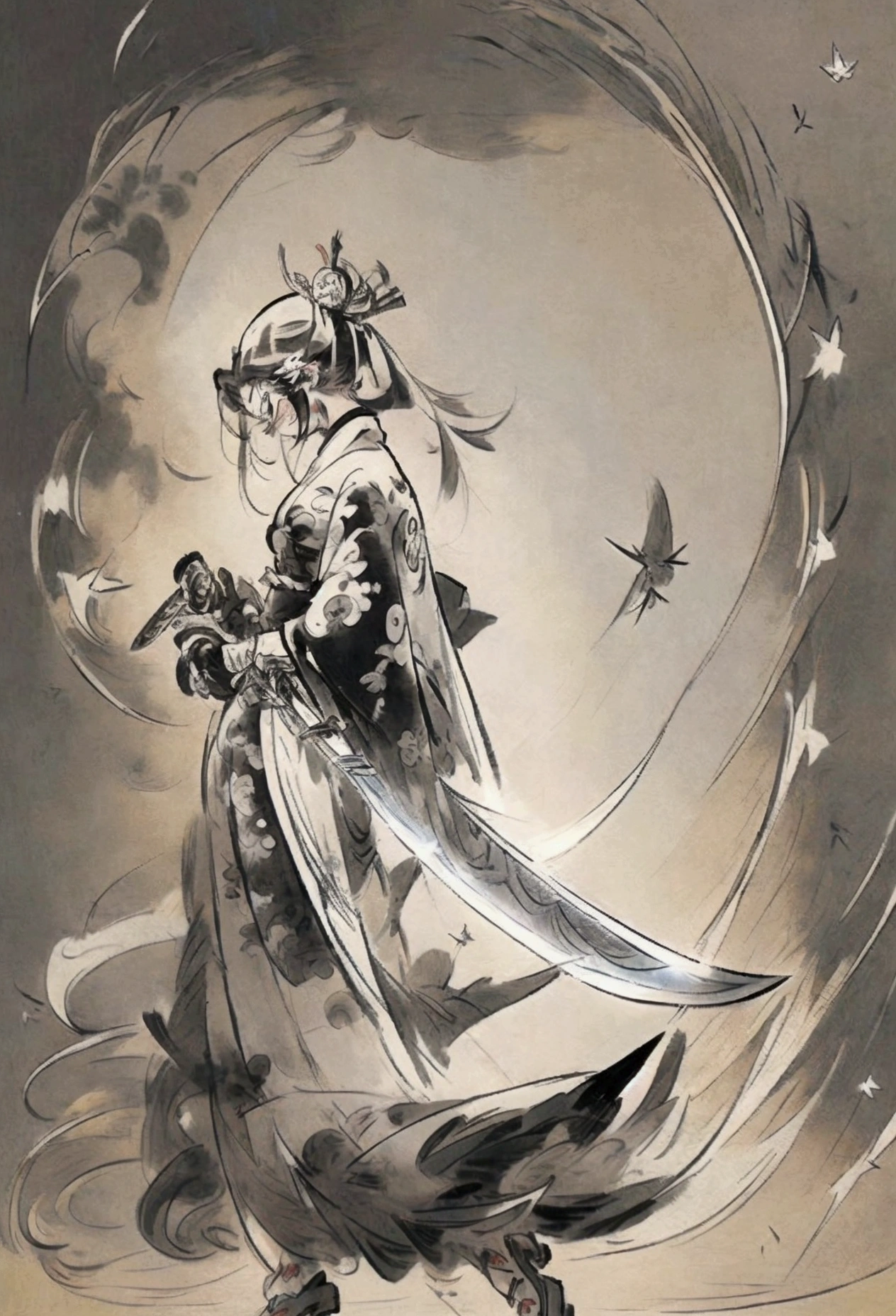 Anime Character Design Japanese style Anime Character Reference Sheet Concept Character black and white manga style Taisho Romance action knife full body woman