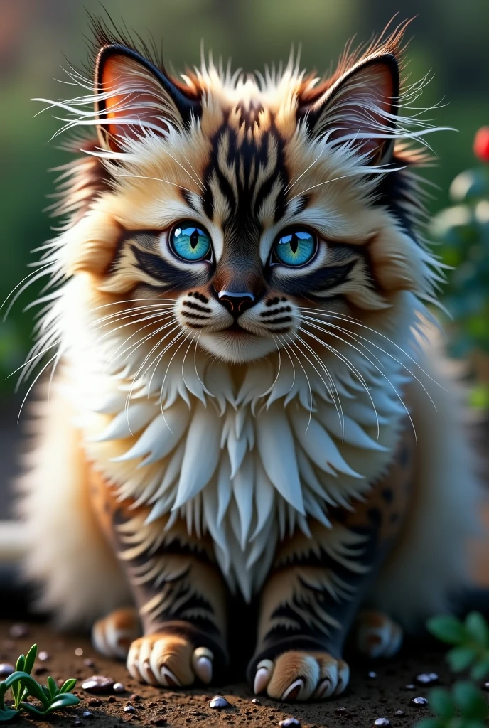 Create a hyper-realistic cat with blue eyes and black, white and red spotted fur, Fur is plush and long-haired