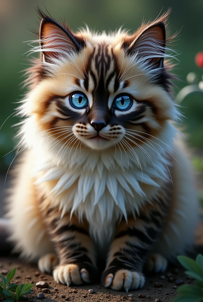 Create a hyper-realistic cat with blue eyes and black, white and red spotted fur, Fur is plush and long-haired