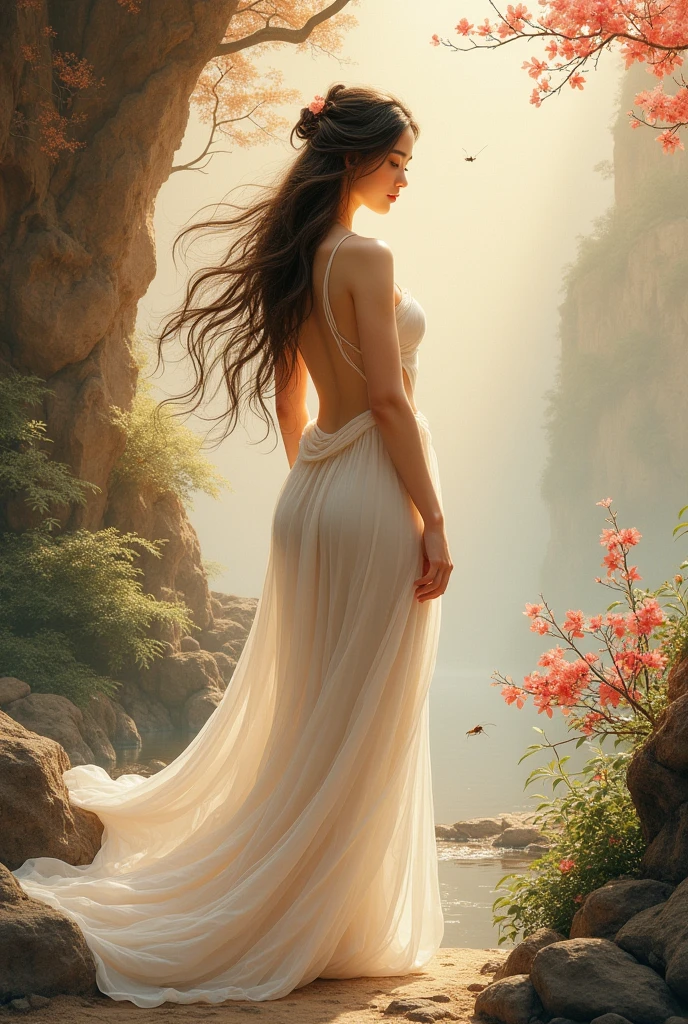 Masterpiece of a beautiful birth of Venus no costume in tradition countryside costume standing in an ancient Chinese location, a beautiful lighting, a juicy Chinese Exquisite painting on Chinese paper , mixed with Zen style, a delicate painting, Chinese composition Style, Chinese painting style in the Dunhuang Grottoes, imperial colors, have a beautiful flower and little insect , good figure, good anatomy