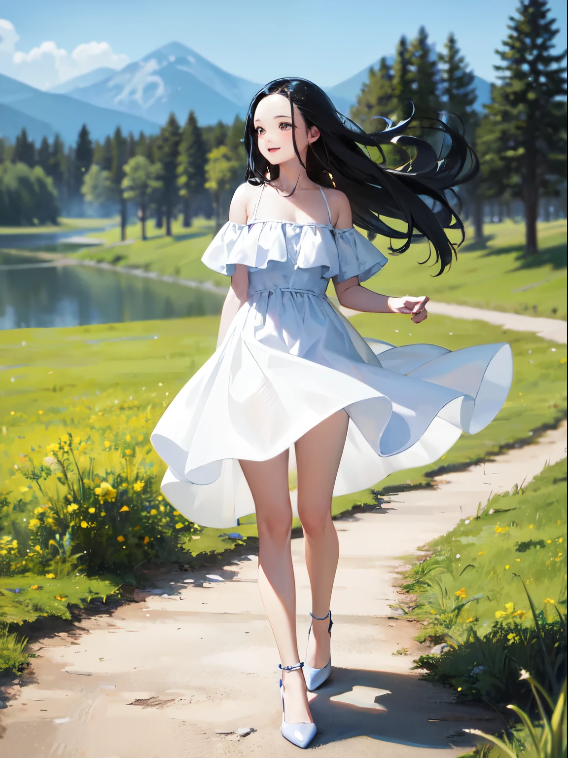 masterpiece, best quality, ultra-detailed,hyperrealistic,shiny skin,1girl,forehead,(plain forehead)+,black hair,long hair,black eyes,,(white dress,off shoulder summer dress)+,small breasts,dynamic angle,blowing in the wind,walking in the meadow,smile,fullbody shot,