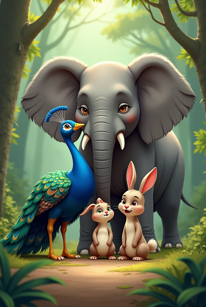 The peacock, rabbit, and elephant huddled together, coming up with a plan to protect their friends from the lion, showing determination and teamwork.