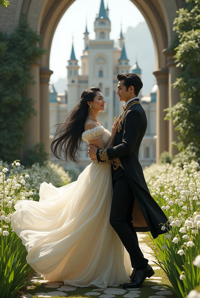 couple, fairytale wedding, fantasy castle, royal suit, black hair, pale skin, gold ornament, white flower bloom, lily of valley garden, dancing, detailed, masterpiece, best quality