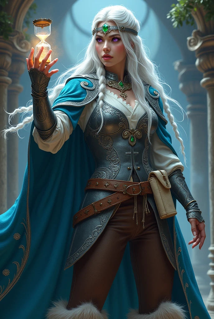 Hourglass Magician, with long, partly braided white hair. purple eyes. Blue cape decorated with silver embroidery. White blouse, silver breastplate and brown pants as well as fur-trimmed boots. Silver collar with emerald and silver headband with emerald Brown belt with cream colored pouch