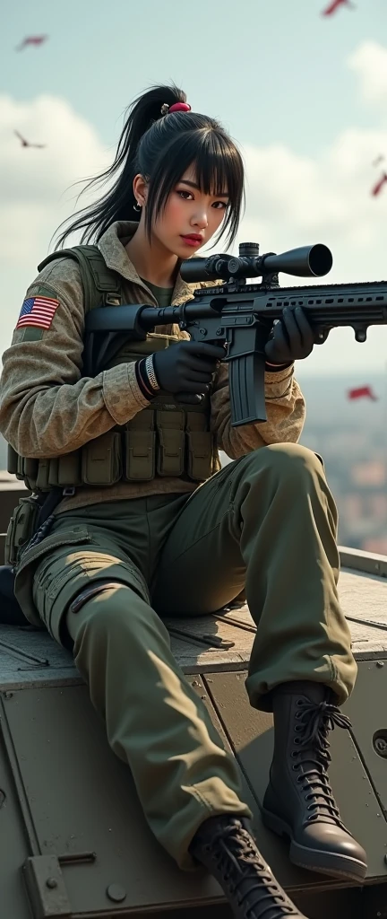 so much swagger trained marine corp militant asian female solider with large recline on a tank smug grin sneer. with an attitue vengance she adorn with pony tail hairstyle adorn hip hop rap style in kevlar black military attire armour sniper rifle on rooftop aiming sniper absolute disrespect bad-mannered