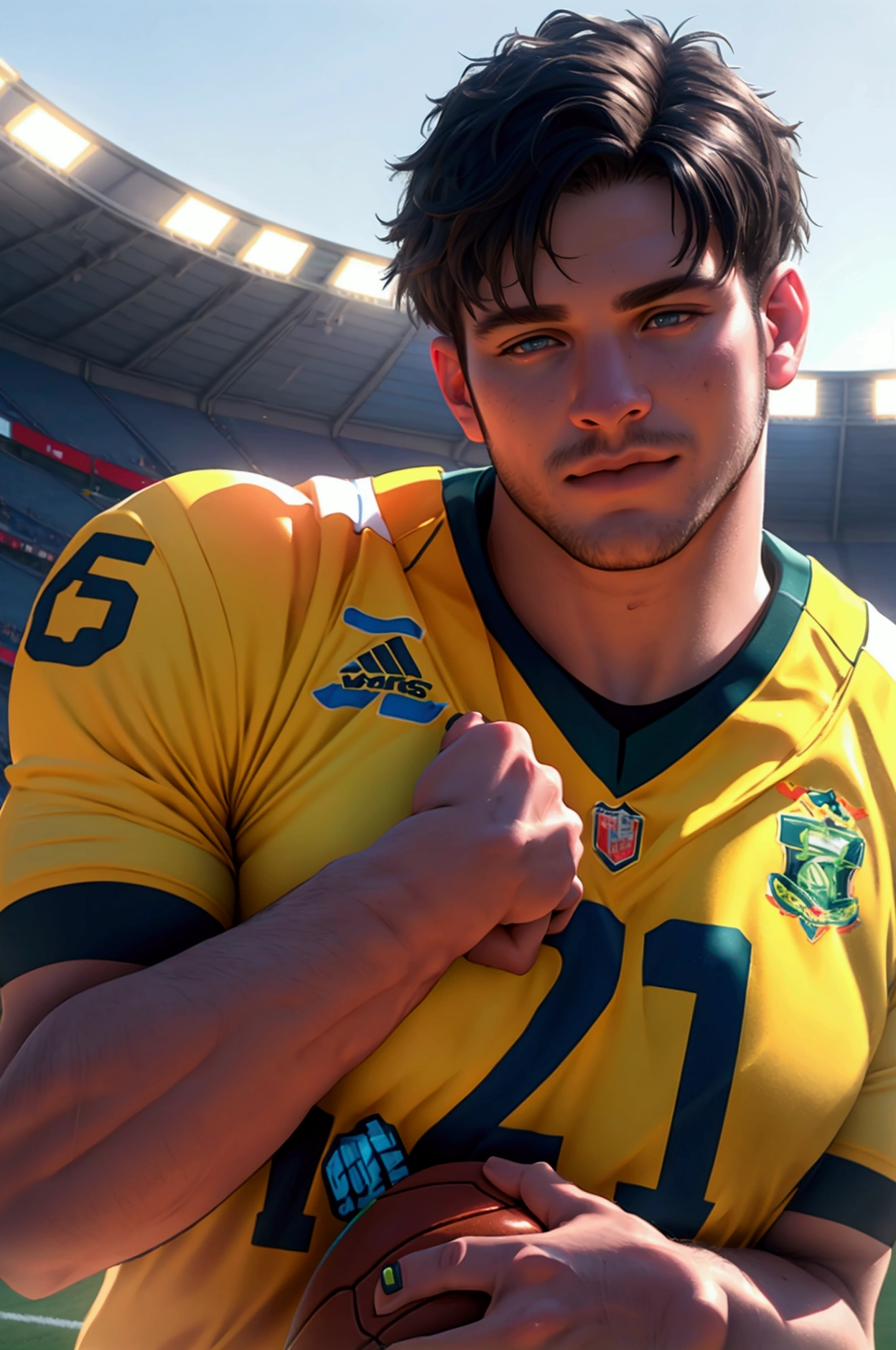 a crowded football stadium full of people wearing team jerseys and celebrating a win, a football player holding a ball at his side, a close-up of a standing man, (best quality,4k,8k,highres,masterpiece:1.2),ultra-detailed,(realistic,photorealistic,photo-realistic:1.37),detailed sports stadium,detailed football player,detailed crowd,detailed facial features,vibrant colors,dramatic lighting,ultra-realistic,professional sports photography,cinematic composition