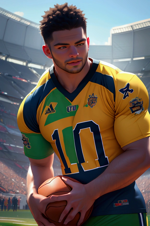 a crowded football stadium full of people wearing team jerseys and celebrating a win, a football player holding a ball at his side, a close-up of a standing man, (best quality,4k,8k,highres,masterpiece:1.2),ultra-detailed,(realistic,photorealistic,photo-realistic:1.37),detailed sports stadium,detailed football player,detailed crowd,detailed facial features,vibrant colors,dramatic lighting,ultra-realistic,professional sports photography,cinematic composition
