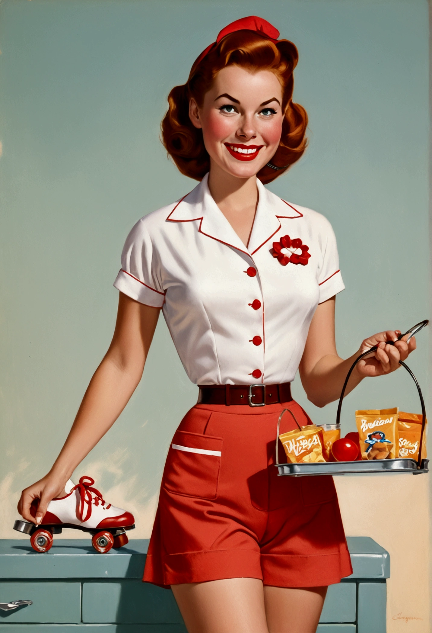 1950s waitress, redhead, fixing, cinched waist, shorts, roller skates, carrying tray with snacks, smiling, Gil Elvgren style.