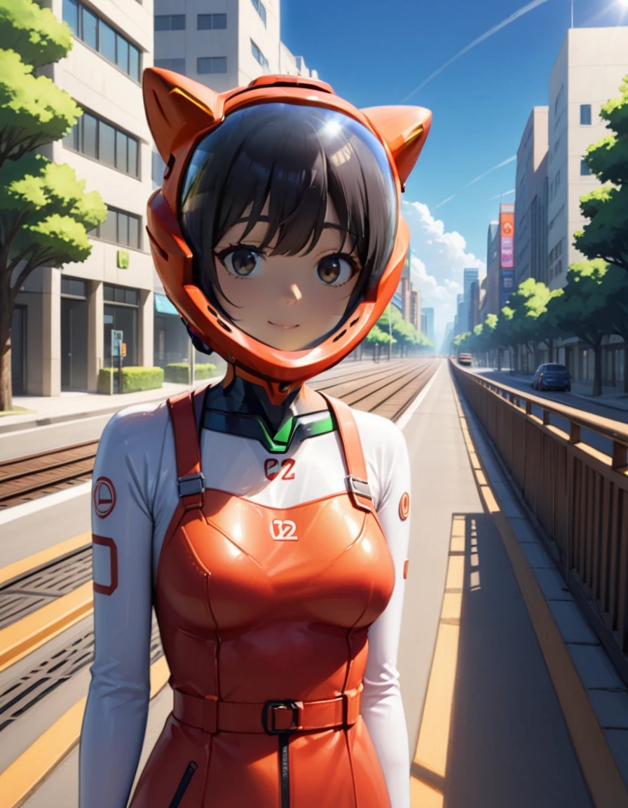 , space helmet ,girl s, 1girl,solo,smile,mediumt light black hair:1.3),standing as a tram passes by in the background of a morning cityscape the tracks beside her, casting soft shadows in the soft morning light. The city should be waking up, with soft light illuminating the buildings, streets and trees. The overall mood should be calm and serene, capturing the peacefulness of the morning in a bustling city,, ,,red helmet, space helme, cat ears, red helmet, from , upper body