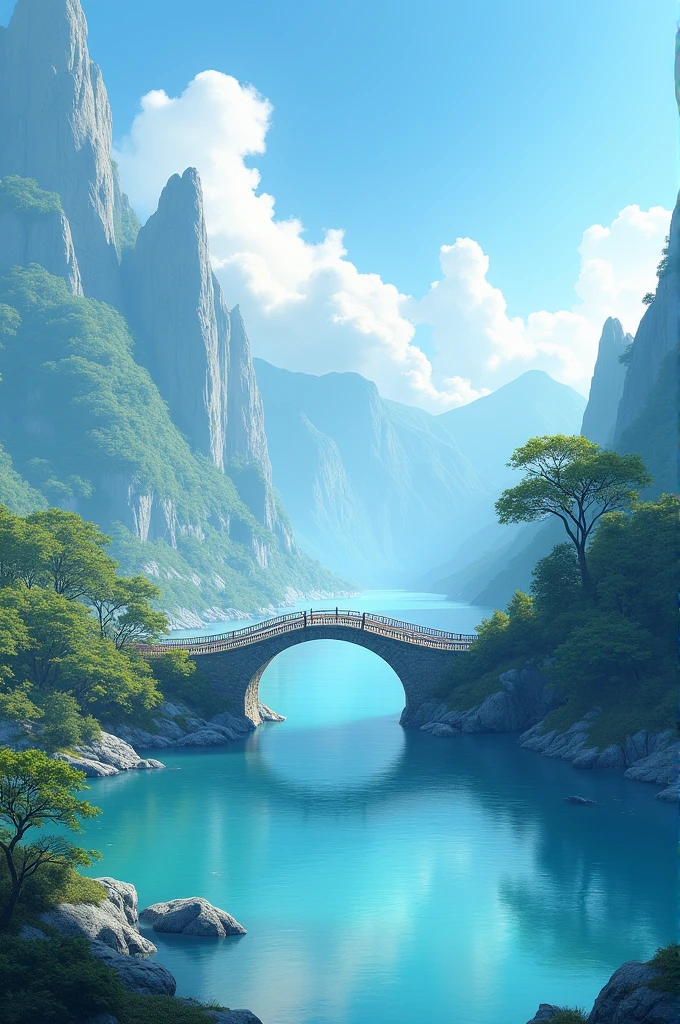 A small and beautiful bridge in the sea. The beautiful mountain and nature with on sky