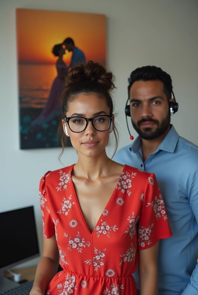 The woman is wearing a short red dress with a flower print. Stylish hairstyle, fashionable glasses, headset on. A man in a blue shirt stands nearby with a glass of wine in his hand, a headset on his head. There is a computer on the table. In the background on the wall is a painting of a sunrise and lovers. Profile picture