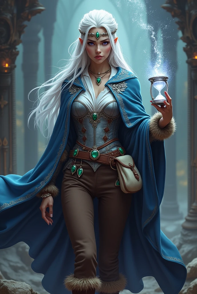 Hourglass Magician, with long, partly braided white hair. purple eyes. Blue cape decorated with silver embroidery. White blouse, silver breastplate and brown pants as well as fur-trimmed boots. Silver collar with emerald and silver headband with emerald Brown belt with cream colored pouch