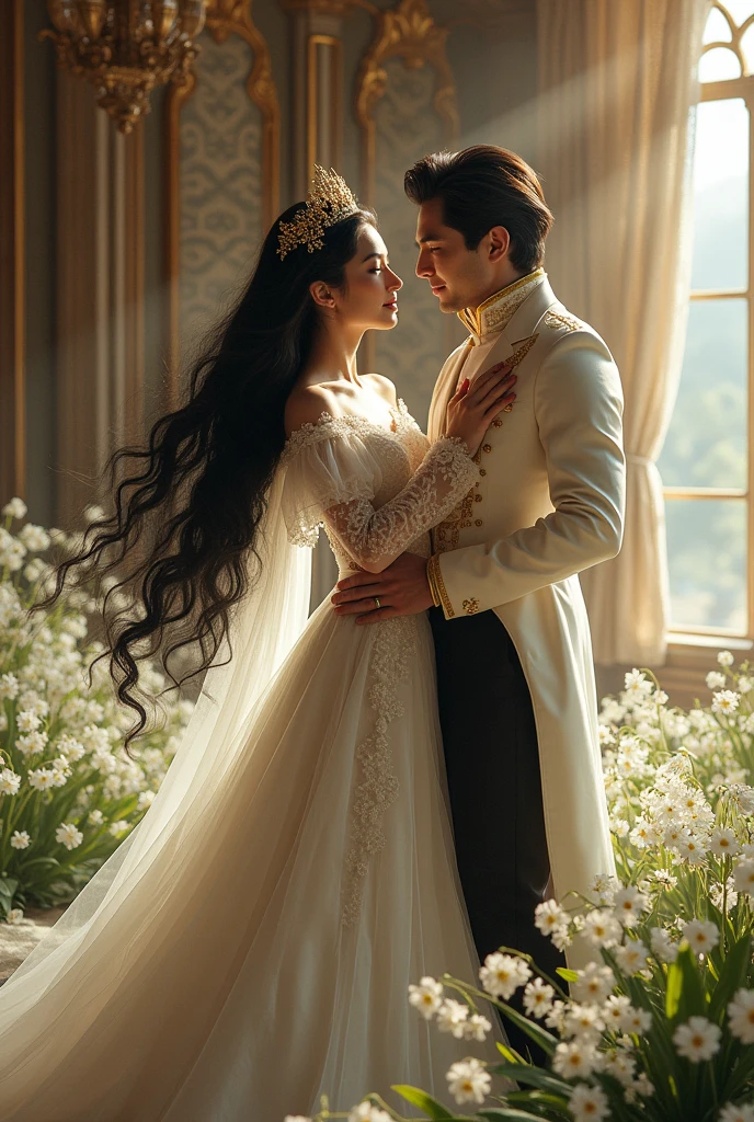 couple, fairytale wedding, fantasy castle, royal suit, black hair, pale skin, gold ornament, white flower bloom, lily of valley, dancing, detailed, masterpiece, best quality