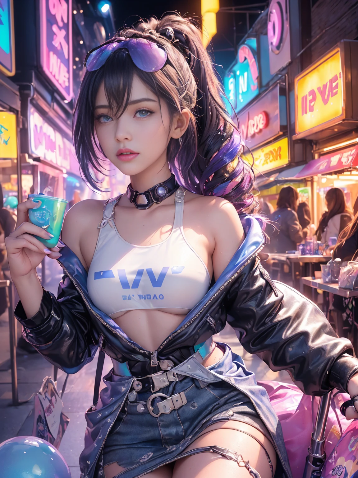 Full body lesbian, 1 slime girl, change, alone, Eye focuudes exquisite radiance, Pink lens flare, movie background, Colorful, the ultra-detailed, HighDynamicRange, Ultra-detailed eyes, mature, Plum, (supermodel:1.3), (Bioluminescence hair: 1.1), (glowing light eyes), (Cosmetic, Strong, The brilliant colors are absolutely eye-catching, dynamic angle, Beautiful details shine through, Movie Lighting,ray-traced reflection, vintagestyle, Life arcade characters, Arcade style world, mitts, jaket, Superskirt,long riding bootlack mitts, black jaket, Drill your hair, Superskirt, Head mirror, (Cute face:1.3),