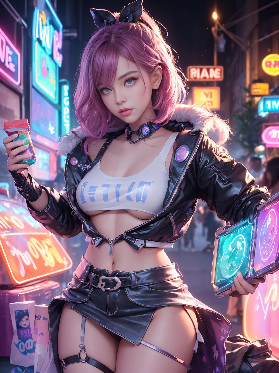 Full body lesbian, 1 slime girl, change, alone, Eye focuudes exquisite radiance, Pink lens flare, movie background, Colorful, the ultra-detailed, HighDynamicRange, Ultra-detailed eyes, mature, Plum, (supermodel:1.3), (Bioluminescence hair: 1.1), (glowing light eyes), (Cosmetic, Strong, The brilliant colors are absolutely eye-catching, dynamic angle, Beautiful details shine through, Movie Lighting,ray-traced reflection, vintagestyle, Life arcade characters, Arcade style world, mitts, jaket, Superskirt,long riding bootlack mitts, black jaket, Drill your hair, Superskirt, Head mirror, (Cute face:1.3),