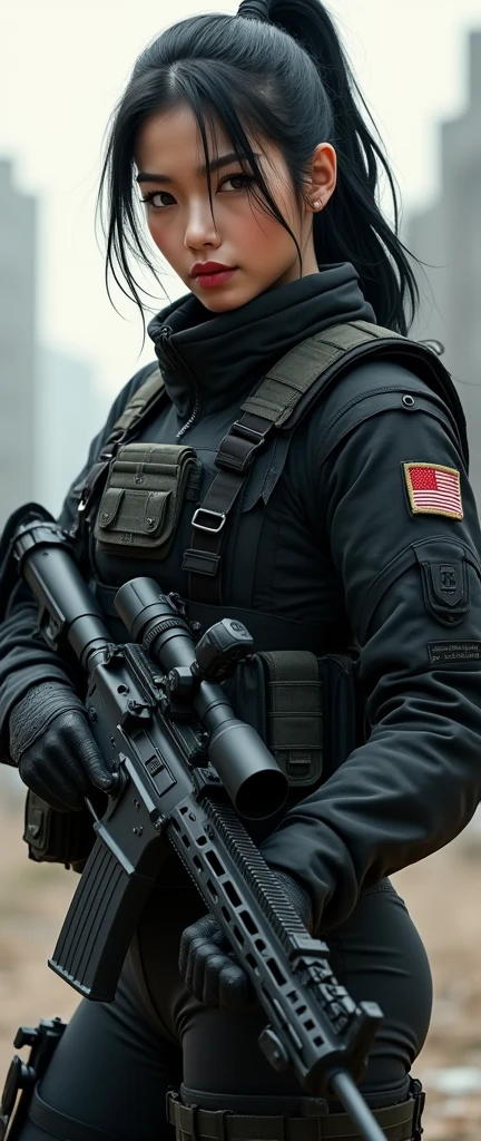 so much swagger trained marine corp militant asian female solider with smug grin sneer. with an attitue vengance she adorn with pony tail hairstyle adorn hip hop rap style in kevlar black military attire armour sniper rifle ontank aiming sniper absolute disrespect bad-mannered
