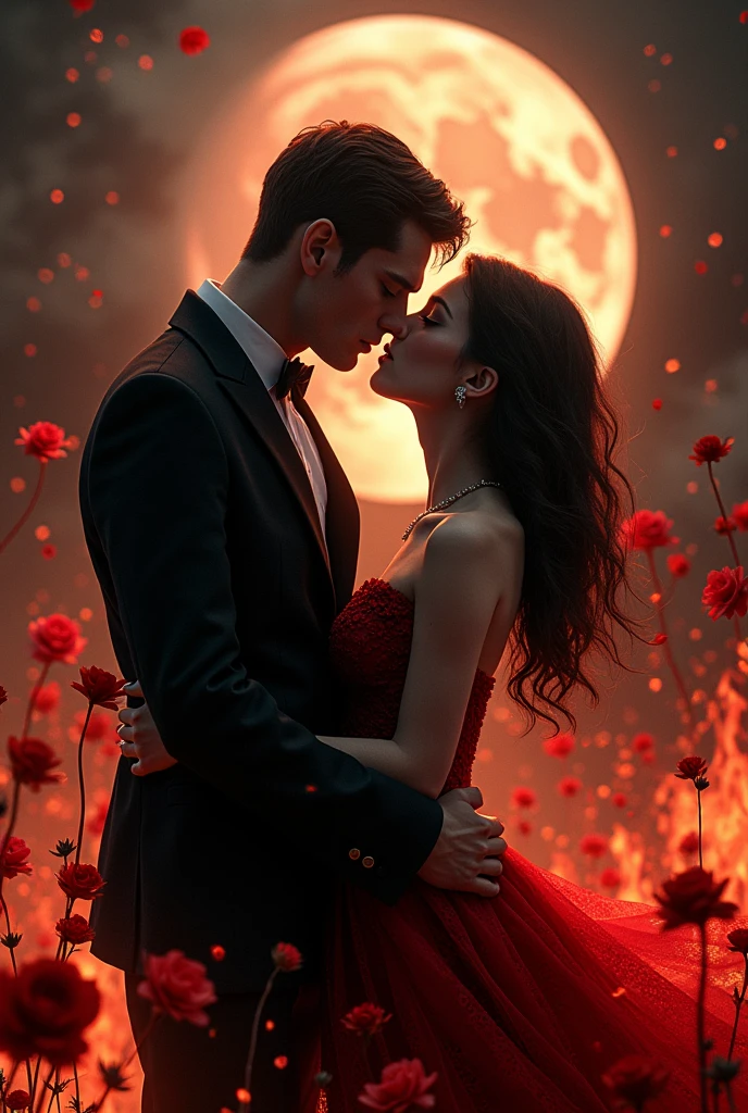 Vampire couple in love everywhere fire in black and red, flower and moon 