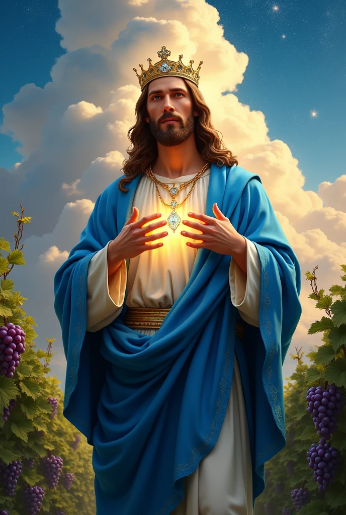 (photorealism:1.2), handsome Jesus Christ, standing straight with many grapes fruits and so many clouds all over, wearing the blue color of King elegant clothes with many diamonds and crown sparkling with light, the head and heart lighting all over, focus on face looking at the camera, nice hair, outdoors, bright lighting, so many clouds and grapes fruits in the background,  so many clouds and sparkling stars all over, cozy grapes garden, relaxed pose, realistic, intricate details, bright colors,