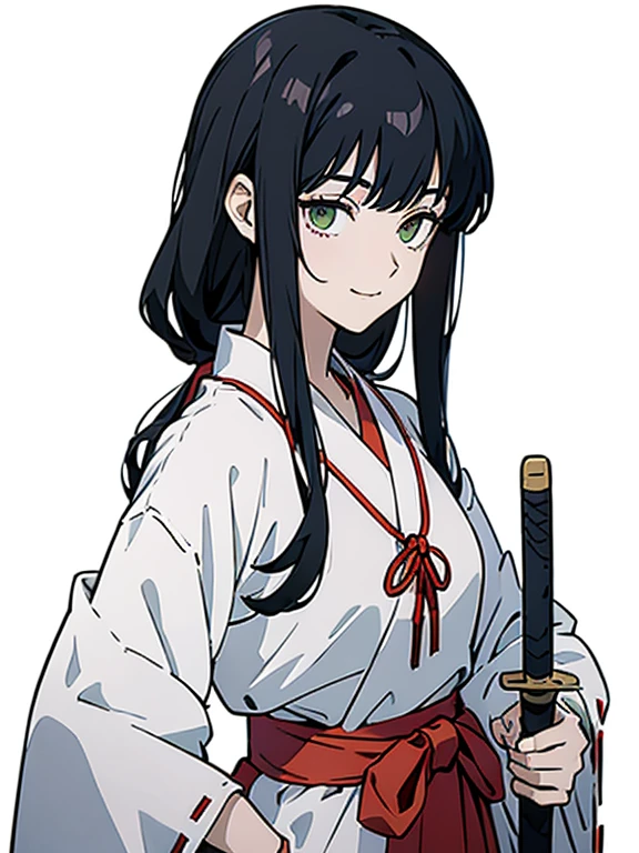 (((Portrait of a person standing against a white background))), The beautiful girl named "Midori" is an 18-year-old shrine maiden with green eyes and black medium hair. She is wearing miko costume, white outer garment, red skirt, long boots, and a wooden sword attached to her left hip., Her hair is shoulder length and tied at the back., She stands diagonally to the left against a white background., green eyes, smile, a wooden sword is attached to her left hip, (full body, 1:1 ratio of upper body to lower body), (masterpiece, Best Quality, Ultra-high resolution, Best illustrations, Very delicate and cute face),