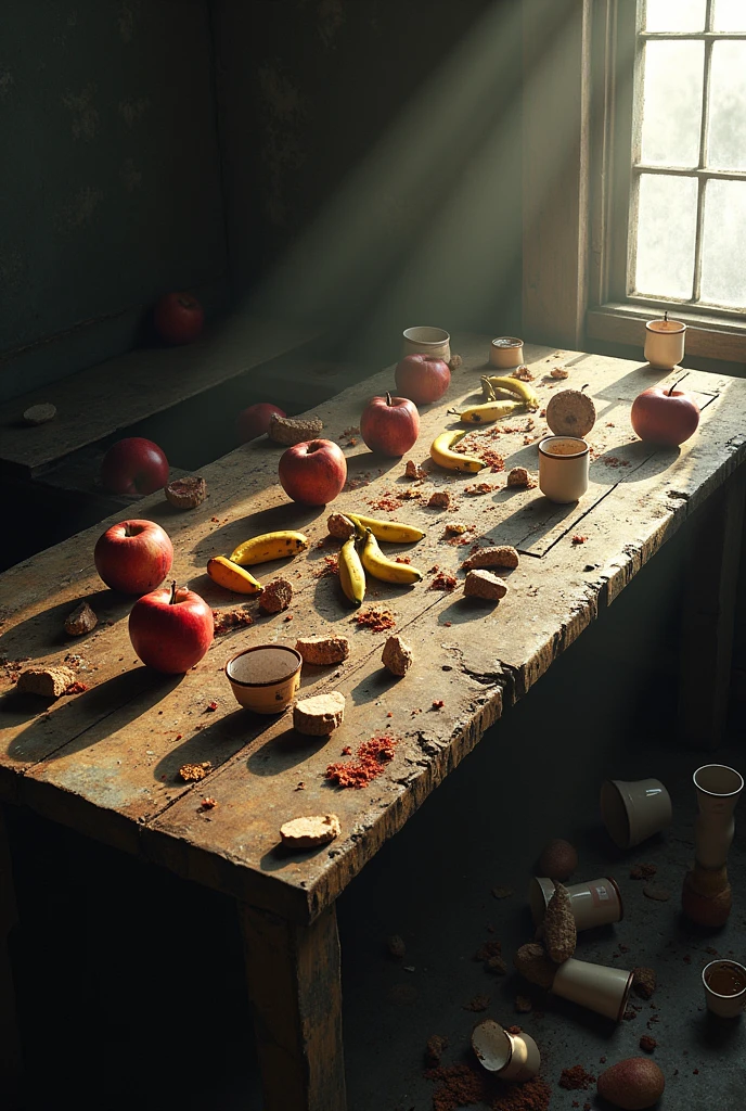 please make a picture,There is a long, dirty and dusty table extending from the upper left corner,There are several apples and broken bananas on the table,Tumbled cups and glasses on the table,There is a strong light shining on the table from outside the door。