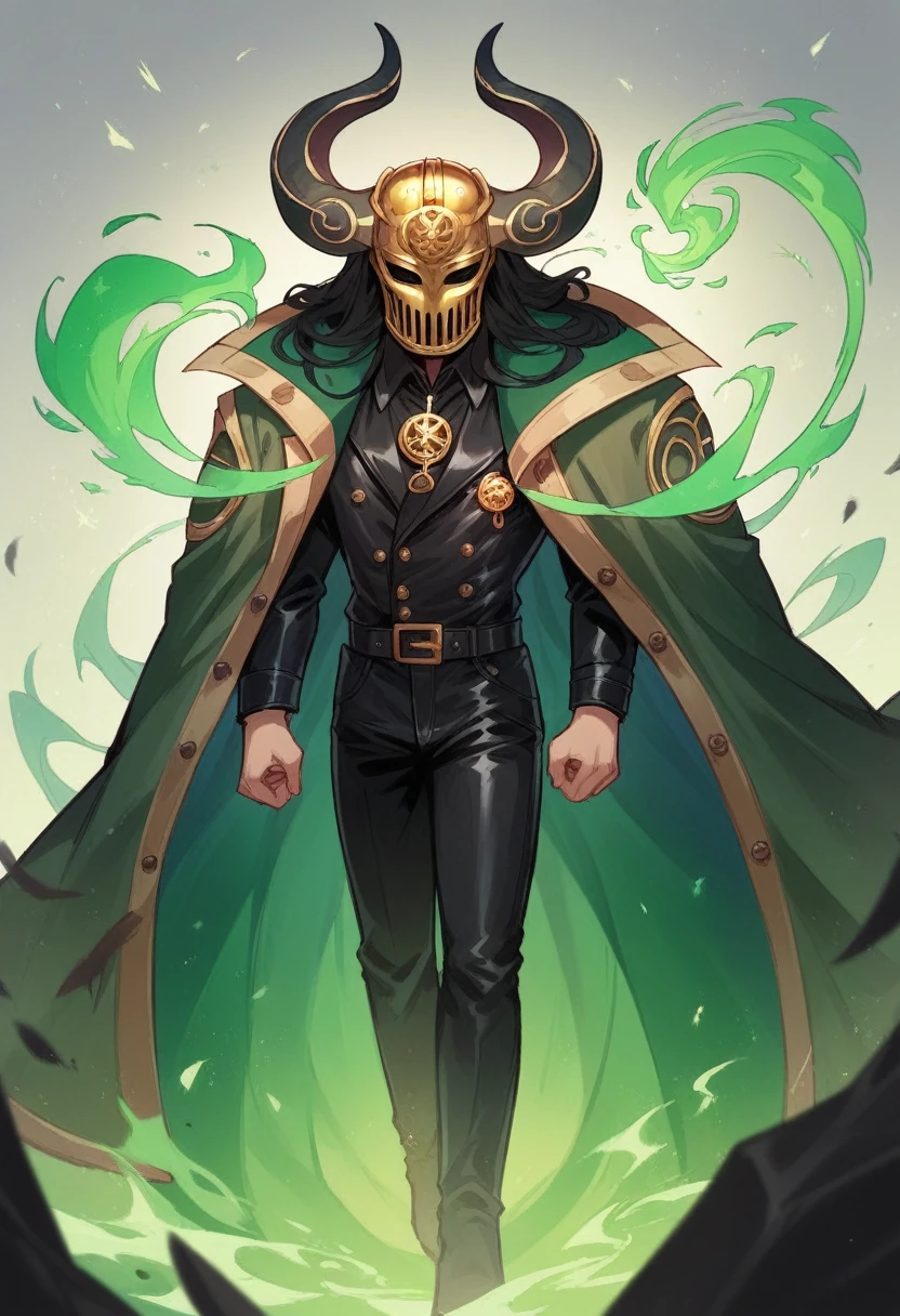Loki, god of mischief, long black hair, golden helmet with two long horns, black costume with golden accents, leather trench coat, green cape, green magic,