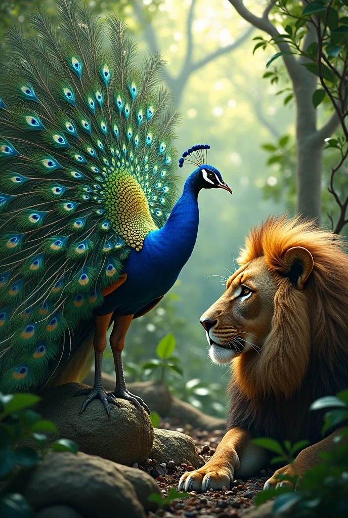 The peacock spreading its feathers wide and colorful, attracting the lion's attention in a dense jungle area filled with green foliage