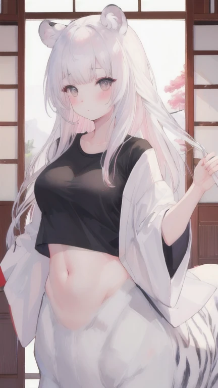 (best quality, masterpiece), 1 girl, centaur, I beg, White skin, Japanese schoolgirl,daughter,black pink, exposing the abdomen, belly button t-shirt , beautiful girl perfect, White tiger photo, 완벽한 White tiger photo