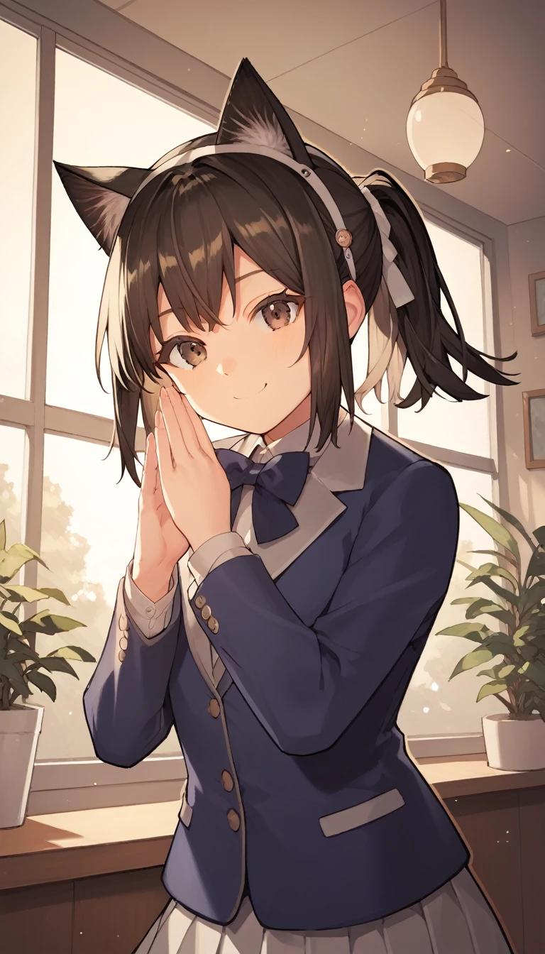 masterpiece, best quality, absurdres, score_9, score_8_up, score_7_up, source_anime, 1girl, dark brown eyes, room, wariza, medium hair, ponytail, black hair, happy face, portrait, blazer, starshadowmagician, solo, 18-year-old girl, best perfect anatomy, Pose with hands tucked behind ears, Cheek resting on hand, cafe, indoors, window, crowd, standing, steam, looking at viewer, cat ears headband, school uniform, mini skirt, dynamic angle. perfect dynamic composition, upper body, smile, Shooting up close, Shooting from the side, hanging light, ceiling light, potted plant,