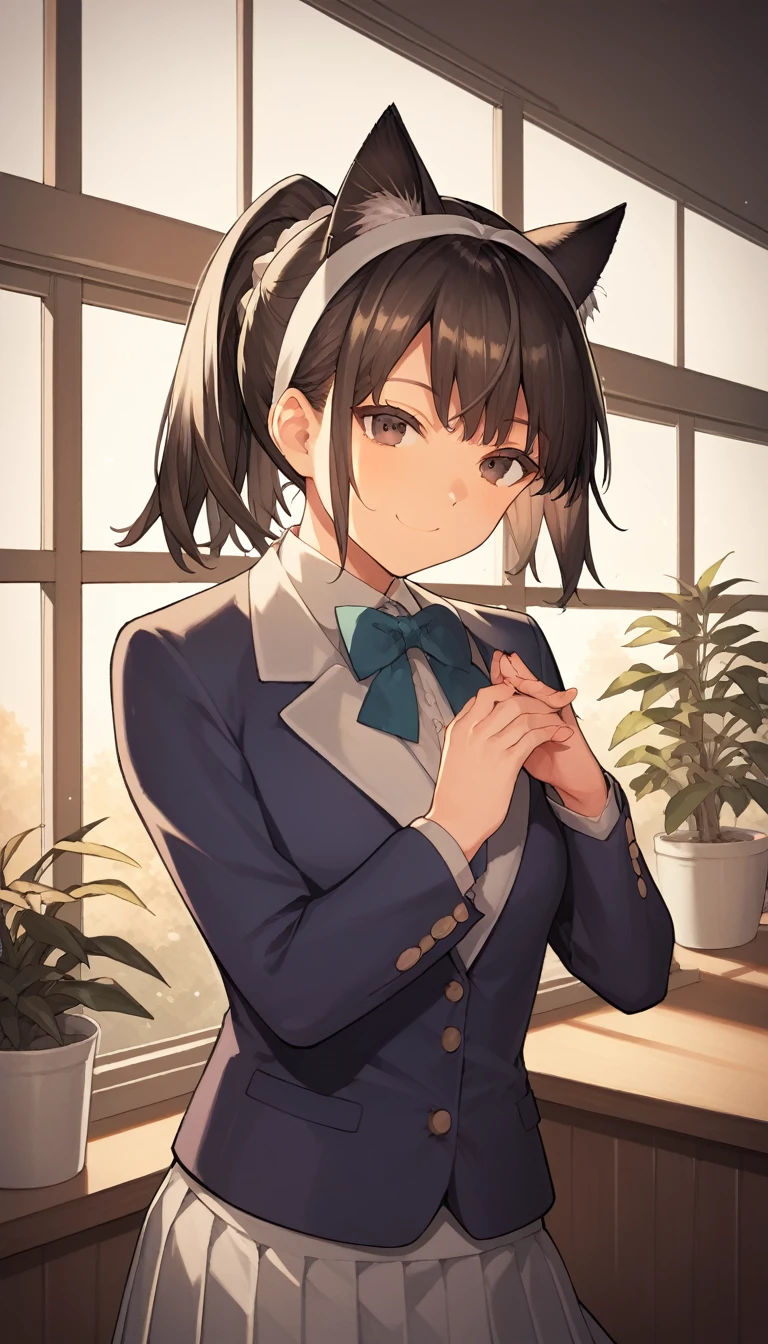 masterpiece, best quality, absurdres, score_9, score_8_up, score_7_up, source_anime, 1girl, dark brown eyes, room, wariza, medium hair, ponytail, black hair, happy face, portrait, blazer, starshadowmagician, solo, 18-year-old girl, best perfect anatomy, Pose with hands tucked behind ears, Cheek resting on hand, cafe, indoors, window, crowd, standing, steam, looking at viewer, cat ears headband, school uniform, mini skirt, dynamic angle. perfect dynamic composition, upper body, smile, Shooting up close, Shooting from the side, hanging light, ceiling light, potted plant,
