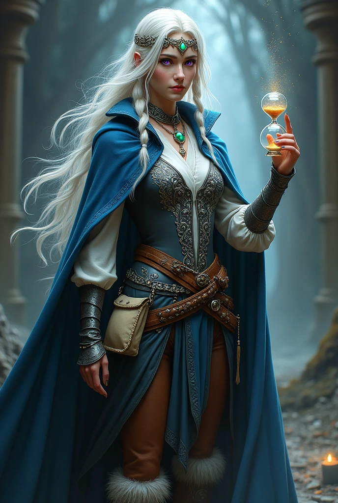 Hourglass Magician, with long, partly braided white hair. purple eyes. Blue cape decorated with silver embroidery. White blouse, silver breastplate and brown pants as well as fur-trimmed boots. Silver collar with emerald and silver headband with emerald Brown belt with cream colored pouch