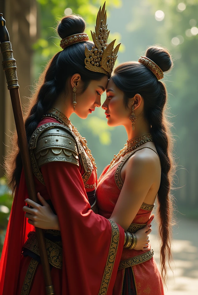 Draw an ancient burmese war Queen who dress like burmese warrior and a Shan princess who dress like royal thai queen in love with each other .More appear their love