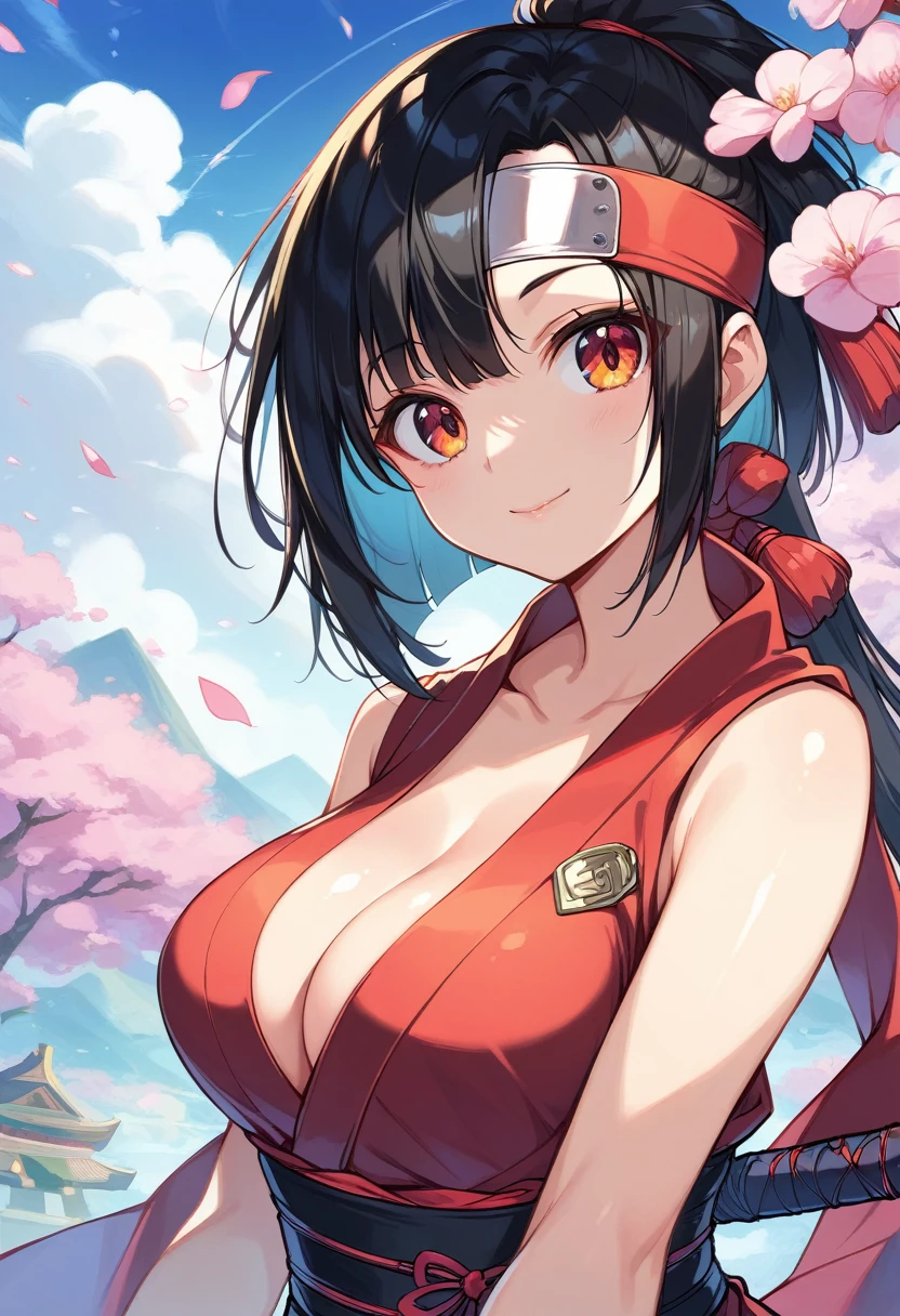 score_9,score_8_up,score_7_up,(pastel-color),(high brightness colors),Cute 20-year-old Japanese 1 girl,solo,(8k, masterpiece, ultra-detailed, best quality, ultra high res, newest, very aesthetic, absurdres, illustration, perfect composition),(hires),looking at viewer,black hair,shiny skin,fair skin,(upper body:1.5),toothless smilev,emphasizing her curvy body and large breasts,(ninja:1.5)