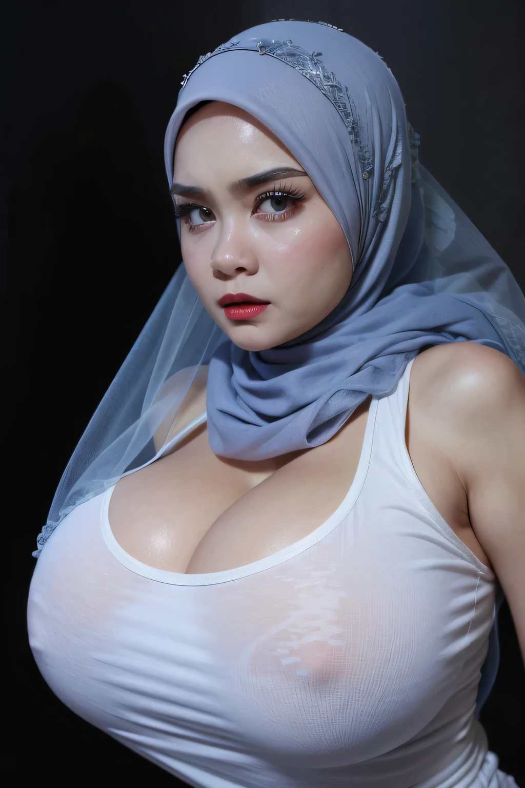 ((Red Lips)), Jumbo (Singlet), Chubby adorable, 1 girl, (face to face), , ((baby face)), angry face expression, half body portrait, (face details: 1), (eye details: 1), ((big breasts)). wearing transparent transparency soft long shirt, hijab, .. Cute posed. proportional body. Ultra High Res. realistic: 1.4, UHD, ((plaid pattern)), ((Bigger:2.3)), (((DARK BACKGROUND)))