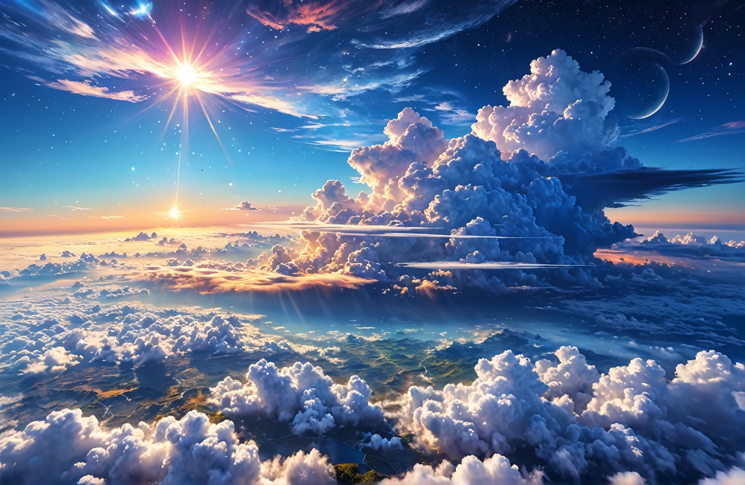 high resolution, Ultra HD, 8k, High Resolution Pixels,Fantasy、Landscape painting、glowing clouds、Above the Clouds、blue sky、universe 、Sunset、Stars Shining、Earth