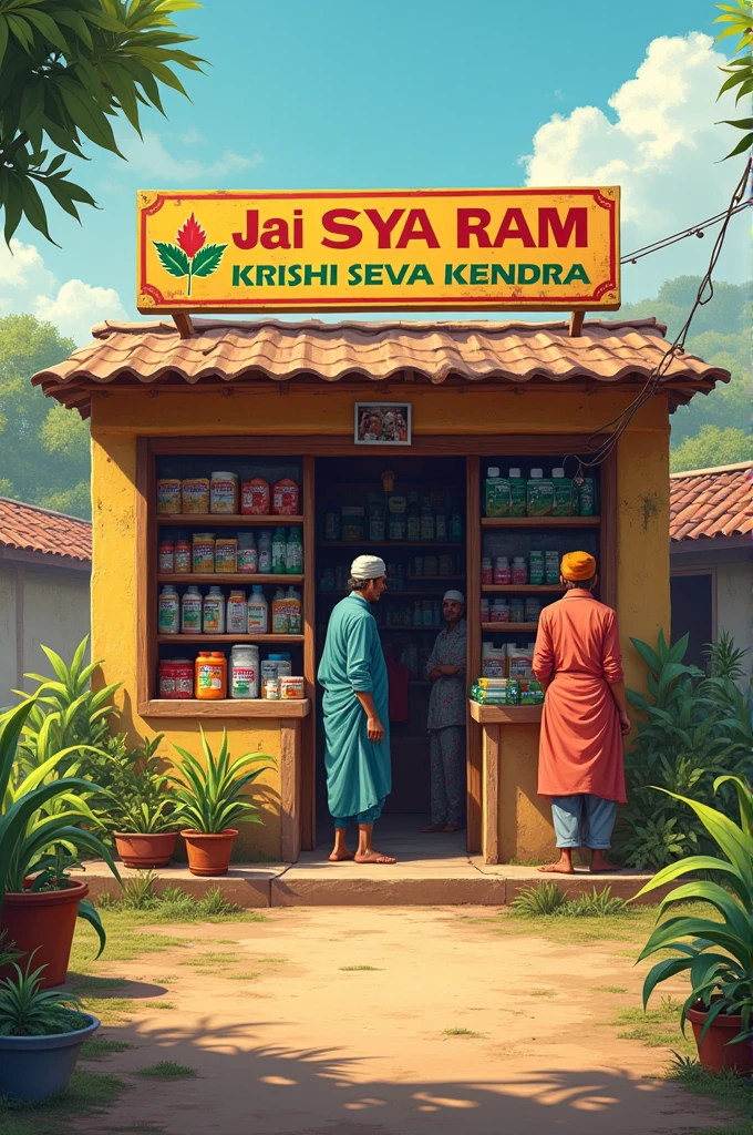 
'Jai siya ram krishi seva kendra, kalariya ' banner $
Shop contains some pesticides and seeds 
1 seller 3 buyyer people small photo under shop non faith indian farmer people coloured