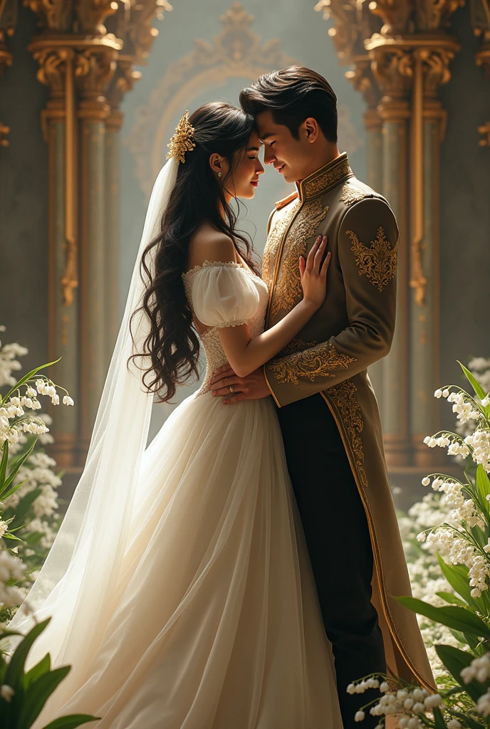 couple, fairytale wedding, fantasy castle, royal suit, black hair, pale skin, gold ornament, white flower bloom, lily of valley, dancing, detailed, masterpiece, best quality