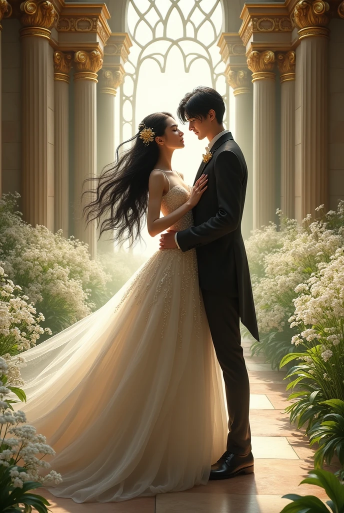 couple, fairytale wedding, fantasy castle, royal suit, black hair, pale skin, gold ornament, white flower bloom, lily of valley, dancing, detailed, masterpiece, best quality