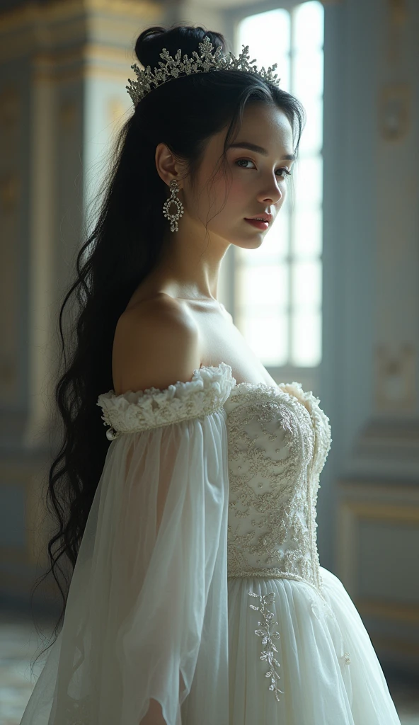 beautiful empress, pale skin, medieval, brunette, tall, stunning beauty, white colors, dark black long hair, whole posture, european, elegant, shy but majestic