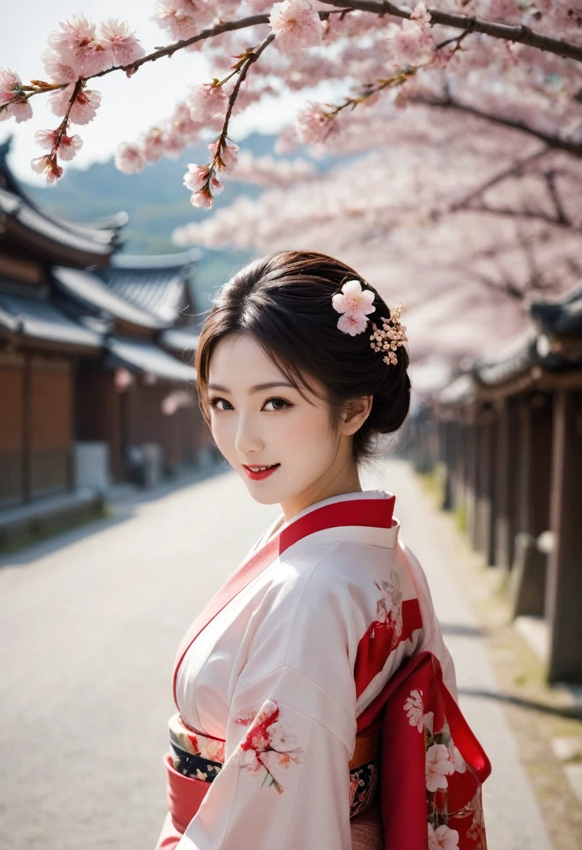 (A geisha stands gracefully under a cherry blossom, Look back and smile: 1.37), Pink cherry blossom petals next々And they scatter, Enlarge your eyes, Straight eyebrows are not only eye-catching、Informal, Cleanse the entire face. Typical Japanese Geisha, Wearing a gorgeous kimono embroidered with red and gold cherry blossoms, This is a long-sleeved kimono, Wearing clogs, Realistic depiction of light and shadow, Realistic and exaggerated photos, super high quality, Super Details, Cinematic shots, Shallow depth of field