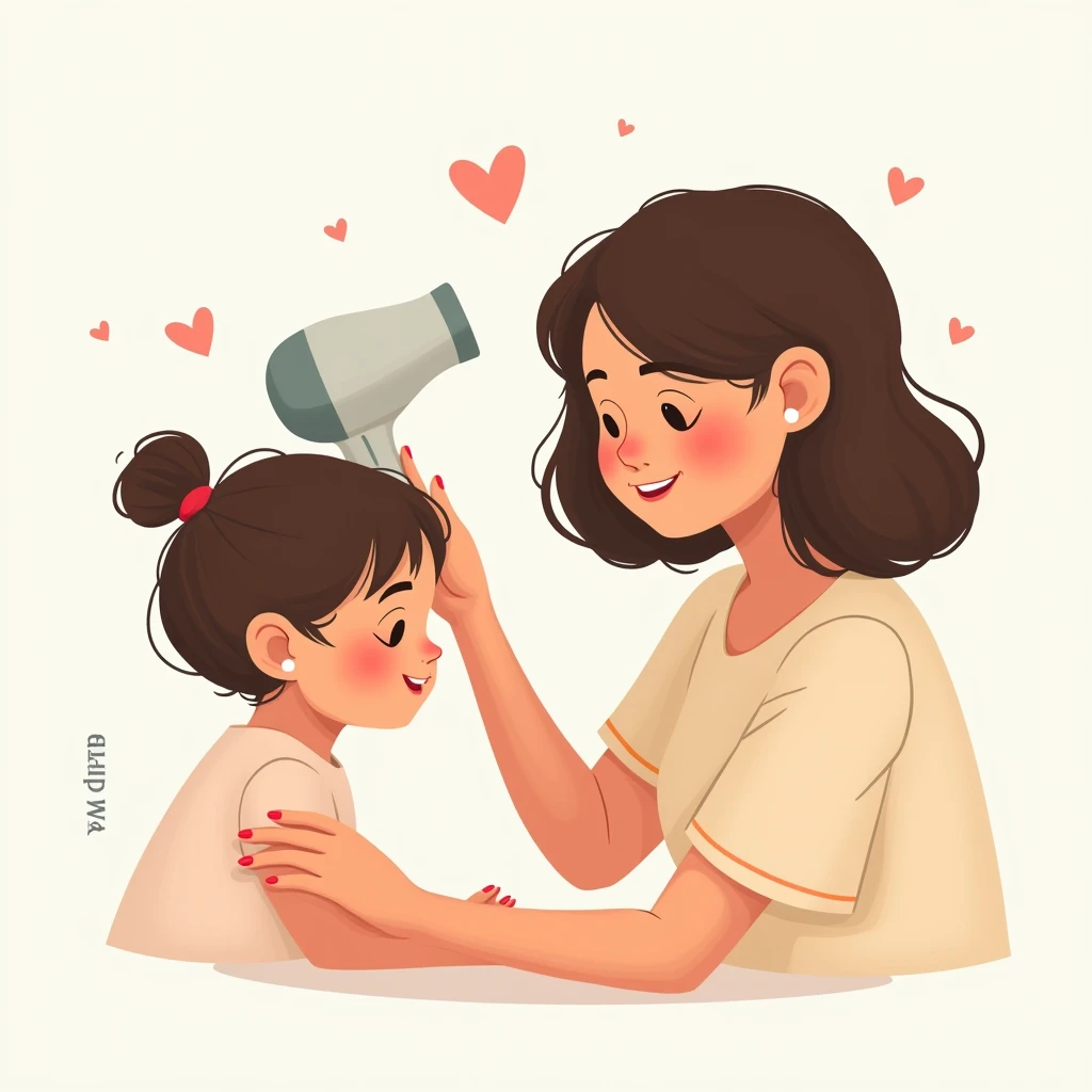 Woman blows child's hair with hair dryer,White background