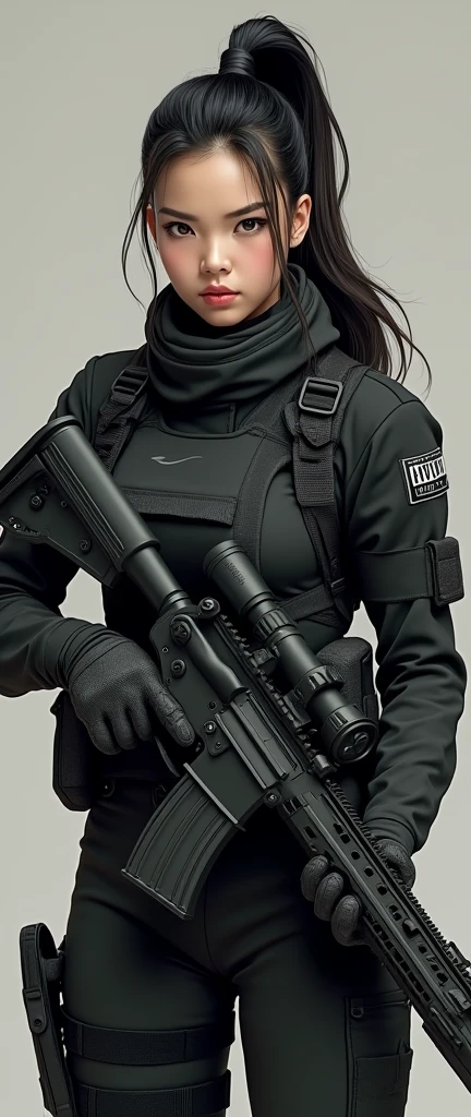 so much swagger trained marine corp militant asian female solider with smug grin sneer. with an attitue vengance she adorn with pony tail hairstyle adorn hip hop rap style in black  kevlar bulletproof armour sniper rifle ontank aiming sniper absolute disrespect bad-mannered