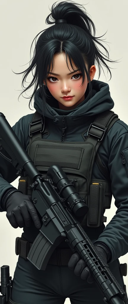 so much swagger trained marine corp militant asian female solider with smug grin sneer. with an attitue vengance she adorn with pony tail hairstyle adorn hip hop rap style in black kevlar bulletproof armour sniper rifle ontank aiming sniper absolute disrespect bad-mannered