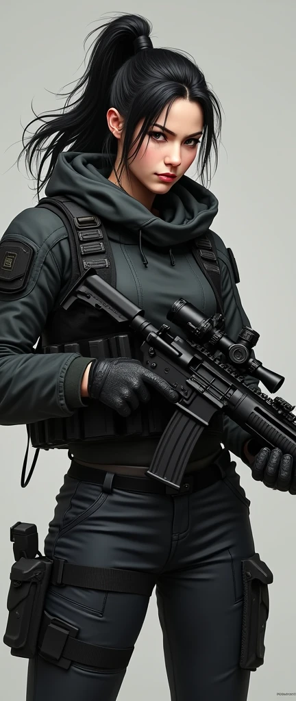 so much swagger trained marine corp militant asian female solider with smug grin sneer. with an attitue vengance she adorn with pony tail hairstyle adorn hip hop rap style in black  kevlar bulletproof armour sniper rifle ontank aiming sniper absolute disrespect bad-mannered