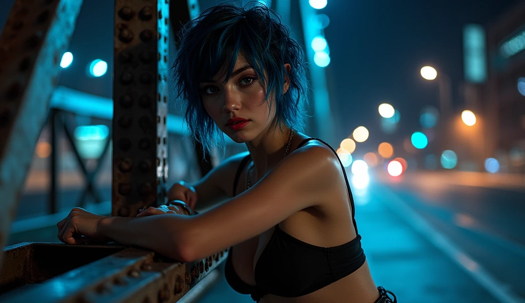 ((RAW photo), absurd, (absurdresolution)), ((full body view)), ((2)), beautiful girl, (short tousled hair with bright neon blue highlights), (((the beauty of: lisa, lalisa))), (deep grey eyes, seductive look, makeup), ((ultra sharp pupils， red lipstick, blush)), ((seductive pose)), (((Street style clothing, wearing bra, tight short skirt, knee high leather boots))), ((dark makeup, digital art, trending on artstation, highly detailed, good detail, intricate, beautiful detailed glow, detailed, cinematic lighting, high resolution, detailed facial features)), ((leaning on riveted steel bridge girder looking at viewer)), (Photographic Perspective), vivid, bright colors, (((background: dark city at night)))